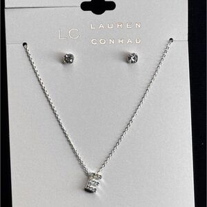 LC Lauren Conrad Silver Tone Crystal Initial "E" Necklace & Earring Set 16-19"